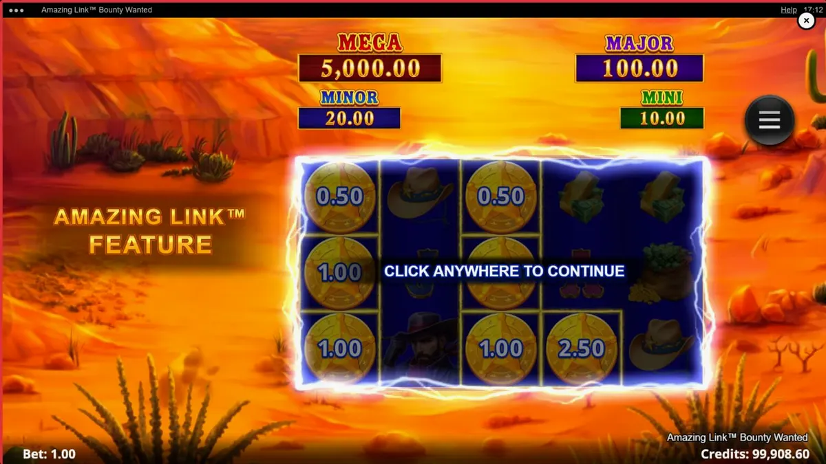 Tampilan visual slot Amazing Link Bounty Wanted dengan latar belakang gurun dan siluet koboi.