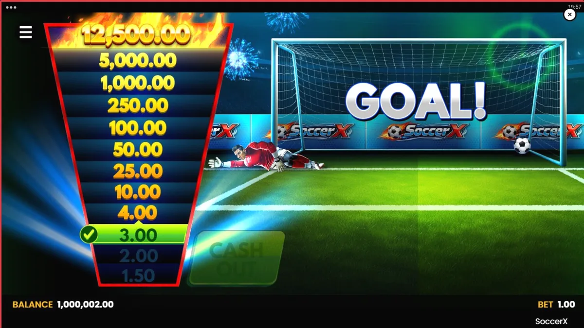 Tampilan antarmuka permainan slot SoccerX dengan latar belakang stadion sepak bola dan tangga pengganda.