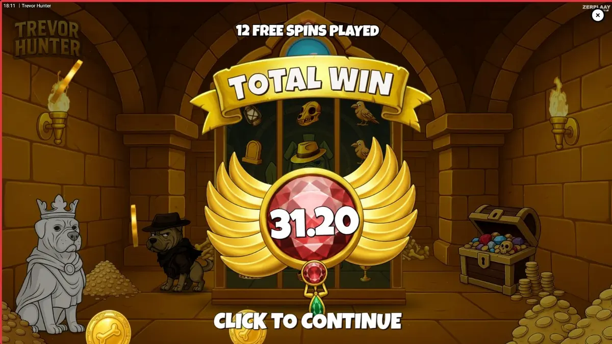 Trevor Hunter slot game interface featuring a Shar Pei character