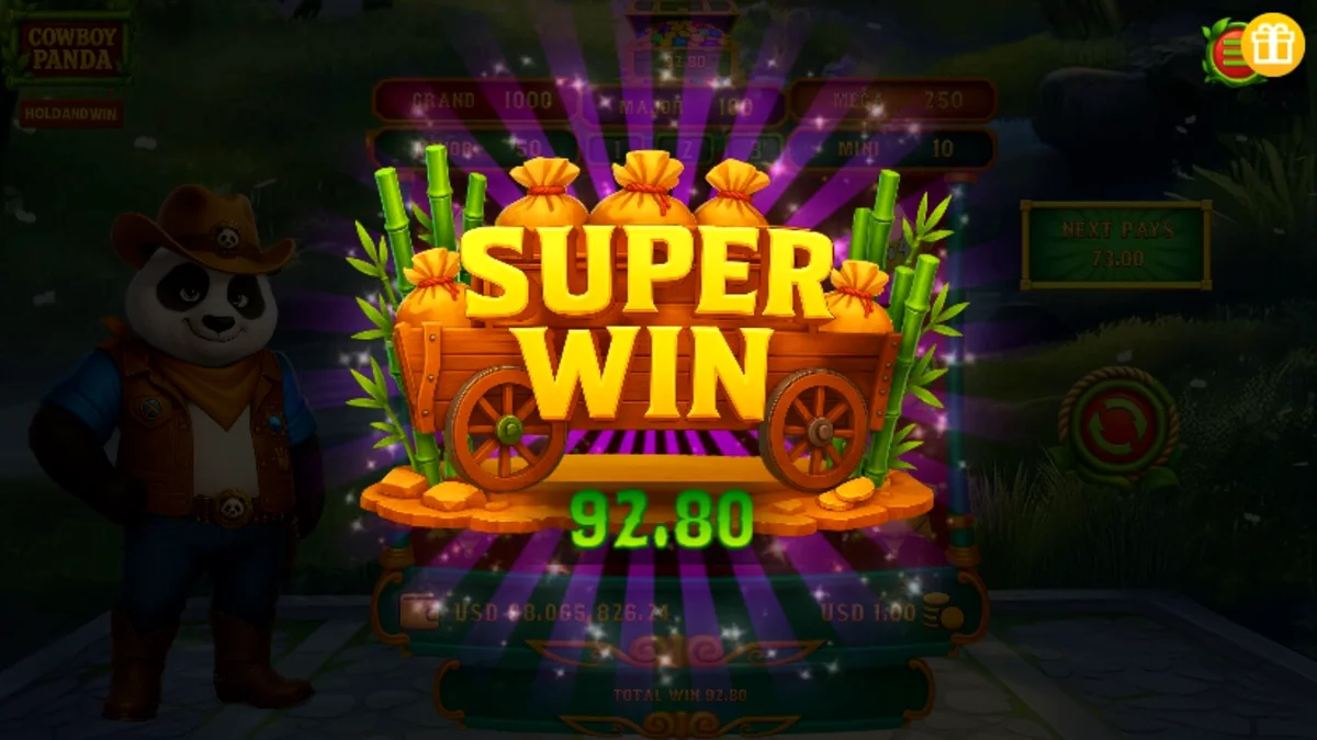 Panda koboi dengan latar belakang kuil hutan dalam slot Cowboy Panda Hold & Spin