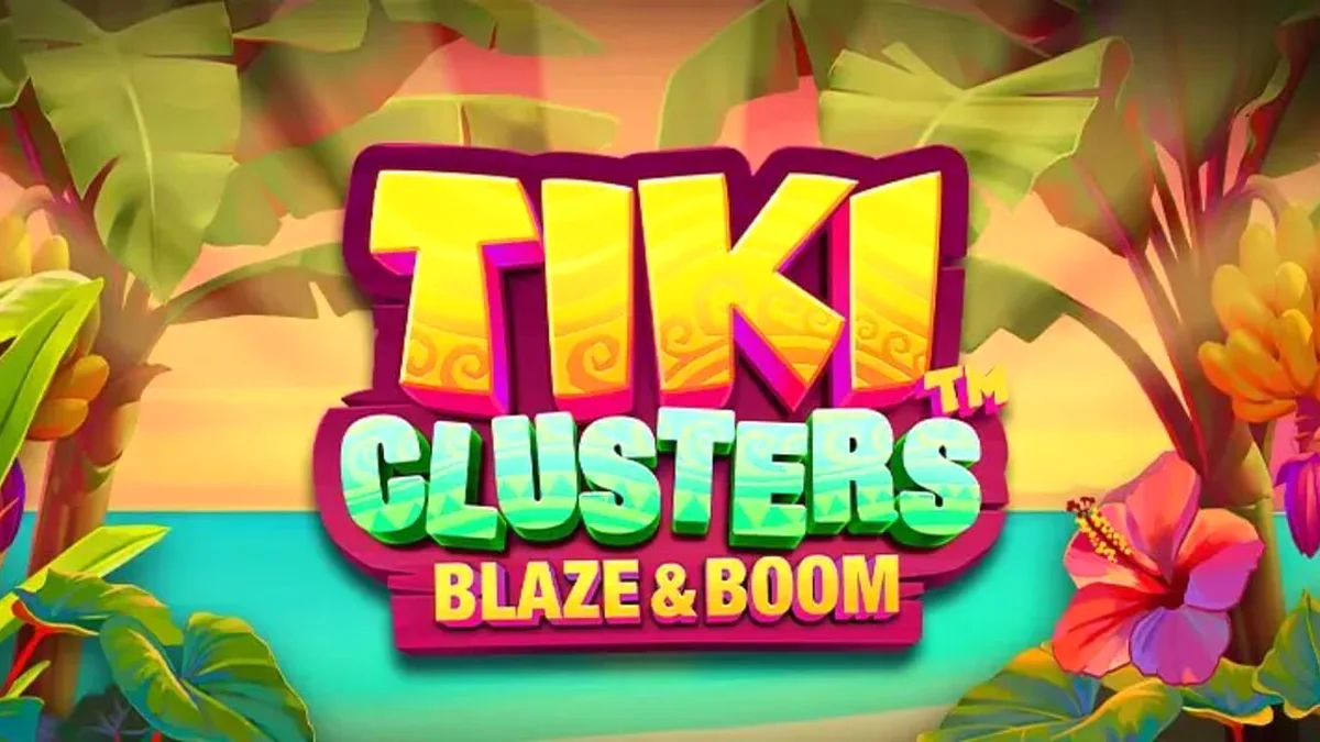 Tampilan visual slot Tiki Clusters Blaze & Boom dengan tema hutan tropis dan topeng Tiki.