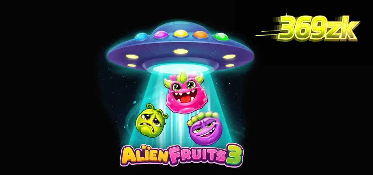 Alien Fruits 3 slot machine interface featuring neon space fruits and an 8x8 grid.